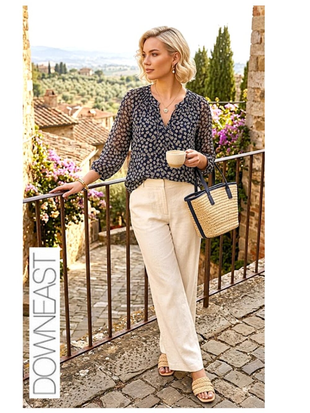 DOWNEAST - Daisy print sheer 3/4 sleeve blouse